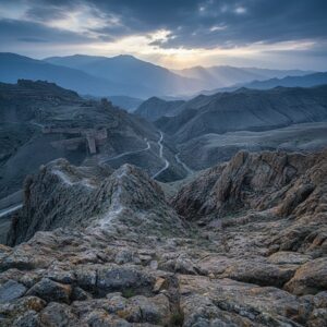 Rugged, rocky foreground overlooking a deep valley with a winding road and distant mountain ranges at sunset, featuring ancient stone walls or ruins on a distant hill – by rugs on net