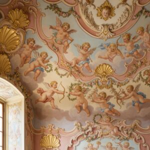 Ceiling fresco featuring numerous winged cupids and cherubs amidst clouds and floral garlands – by rugs on net