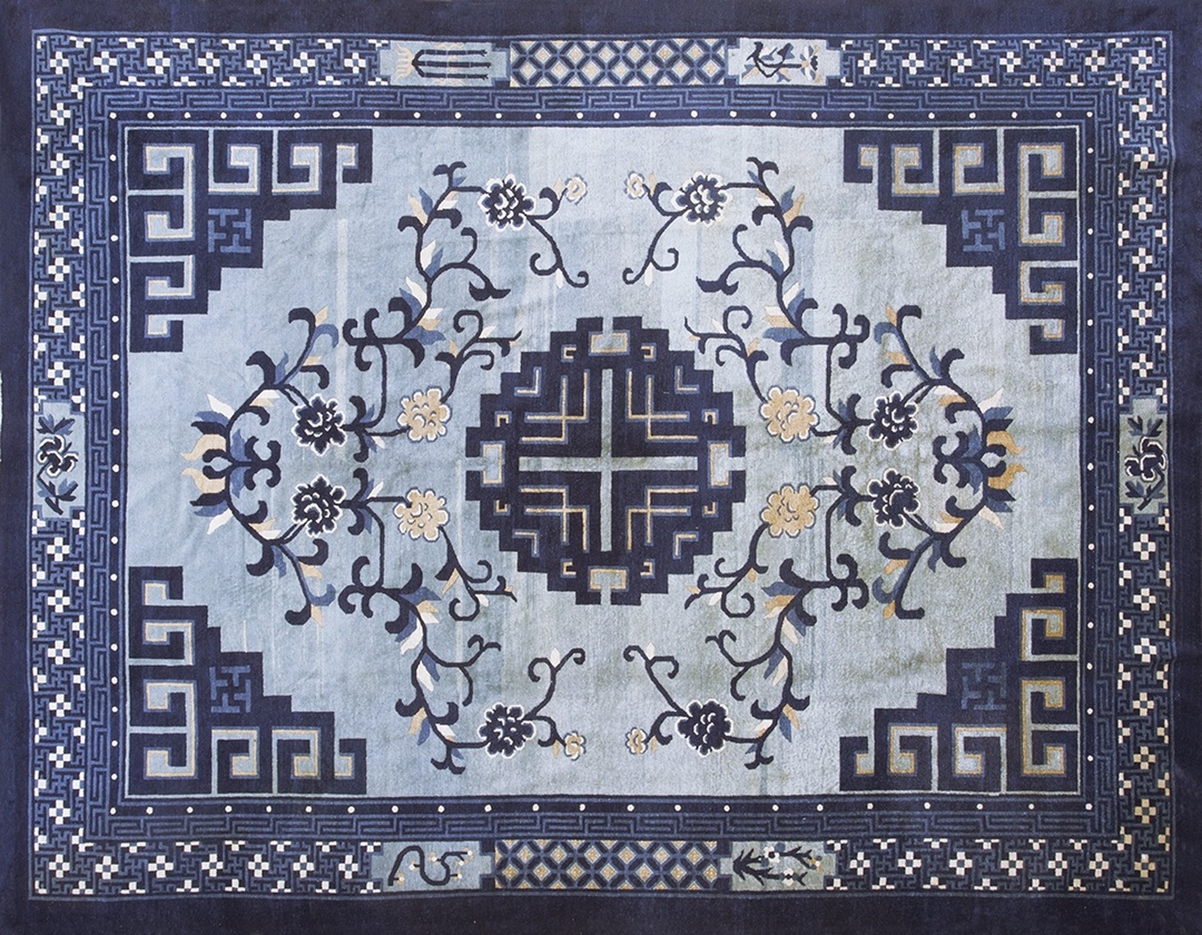 Full view of an antique room size chinese peking wool rug in pale blue - by rugs on net