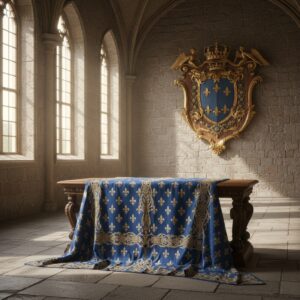 A richly embroidered blue and gold fleur-de-lis tablecloth drapes a wooden table beneath a large royal crest – by rugs on net