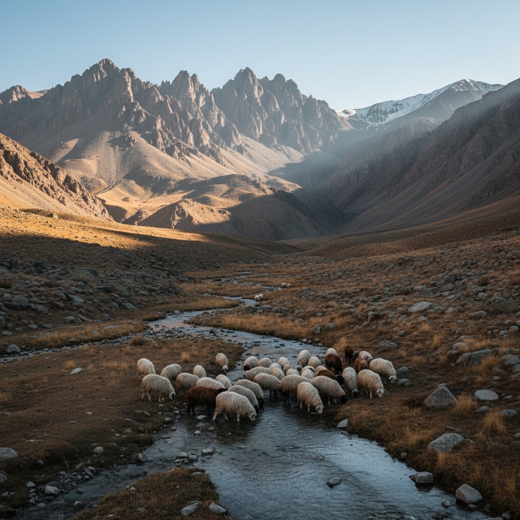 A flock of sheep drinks from a stream in a rugged, arid mountain valley – by rugs on net