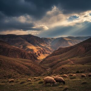 Flock of sheep grazing on green hillside under dramatic, sunlit, cloudy sky over rugged mountains – by rugs on net