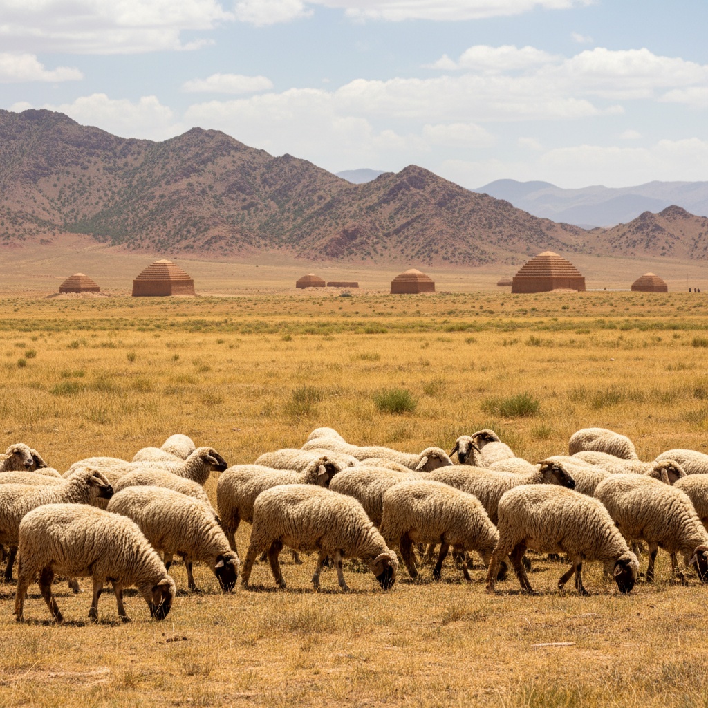 A flock of sheep grazes in a dry, grassy field with distinctive domed tombs and mountains in the background – by rugs on net