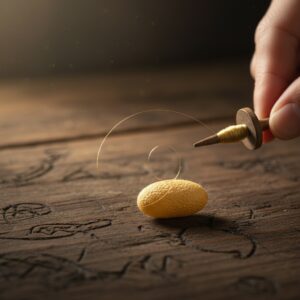 A hand unwinds a fine golden thread from a silk cocoon using a small wooden spindle tool – by rugs on net