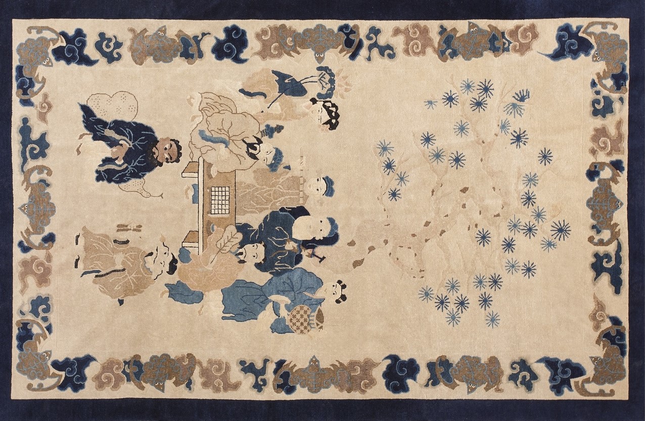 Full view of a small scatter size antique ivory peking chinese wool rug from the 1900s. - by rugs on net
