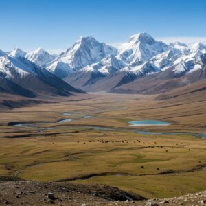 Expansive high-altitude valley with a winding river, turquoise lake, and distant snow-covered mountains – by rugs on net