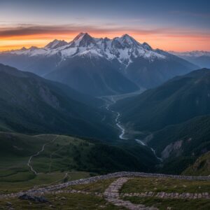 A vast mountain valley with a winding river, snow-capped peaks at sunset, and stone paths in the foreground – by rugs on net