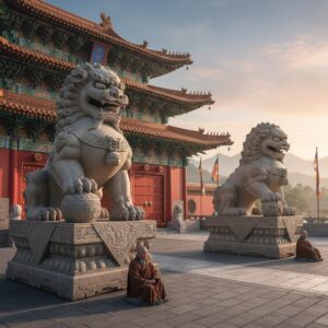 Two large stone guardian lions flank the entrance to a colorful, tiered temple structure in soft light – by rugs on net