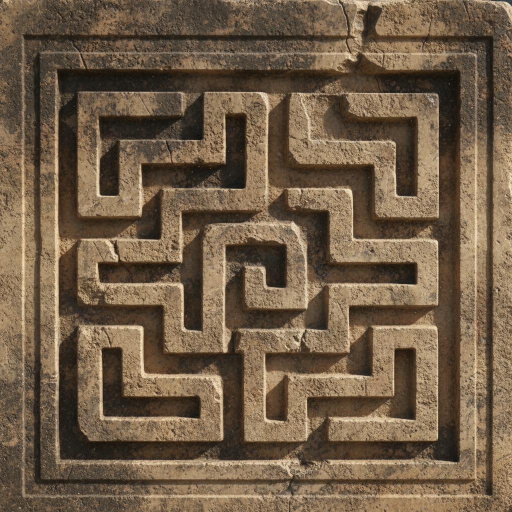 Close-up of a square, carved stone relief featuring an interlocking, geometric maze pattern – by rugs on net