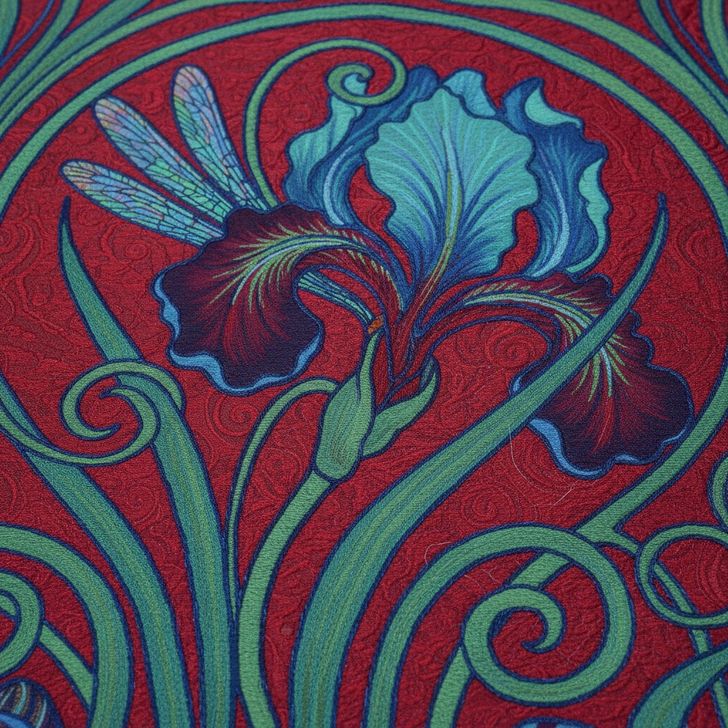 Close-up of a vibrant textile featuring a blue and deep red iris flower and a dragonfly against a red background – by rugs on net