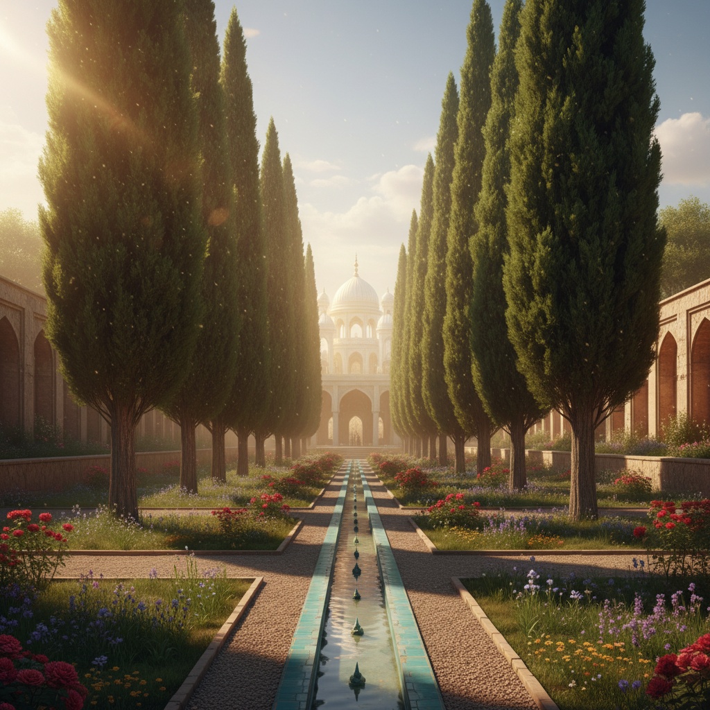 Tall cypress trees line a central water channel leading toward a distant white domed structure – by rugs on net