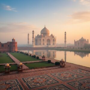 White marble mausoleum reflected in still water at sunrise with surrounding red sandstone architecture and gardens – by rugs on net