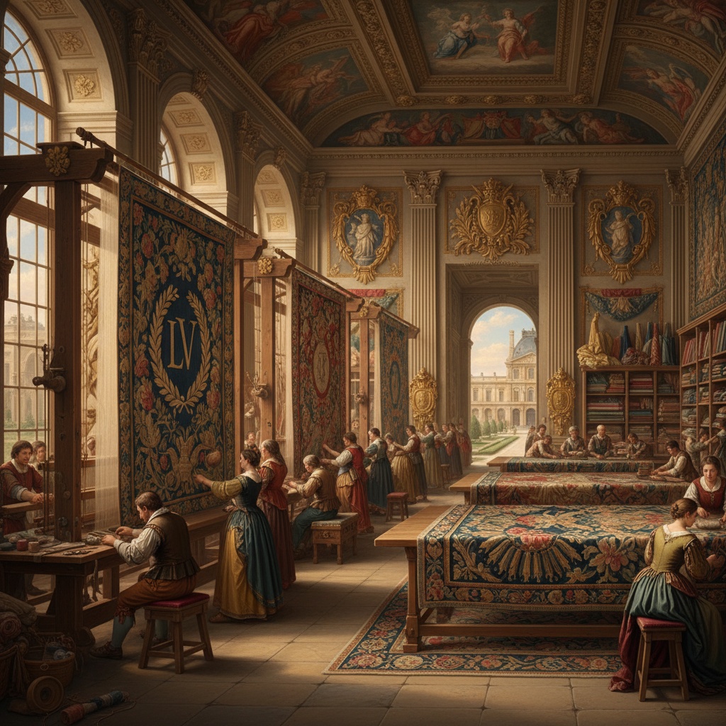 Interior view of a grand hall showing many workers operating large vertical looms and working on horizontal tables – by rugs on net