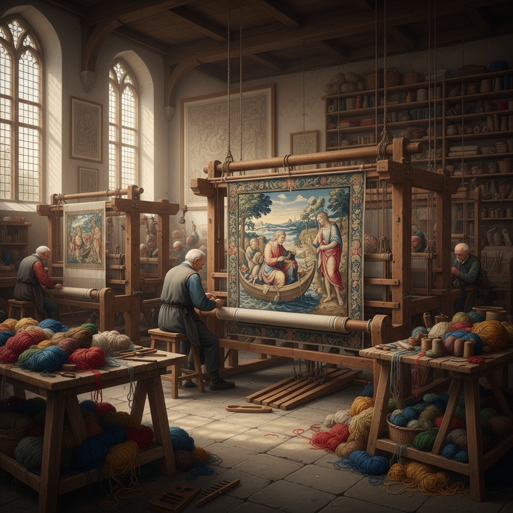 Artisans working on large vertical looms creating detailed woven tapestries with colorful yarn – by rugs on net