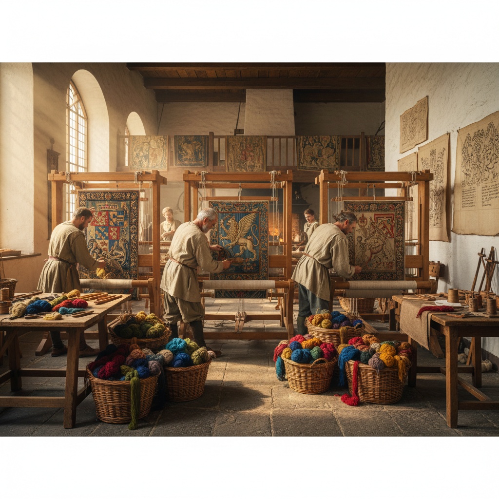 Artisans working on large vertical looms creating detailed woven tapestries with colorful yarn – by rugs on net