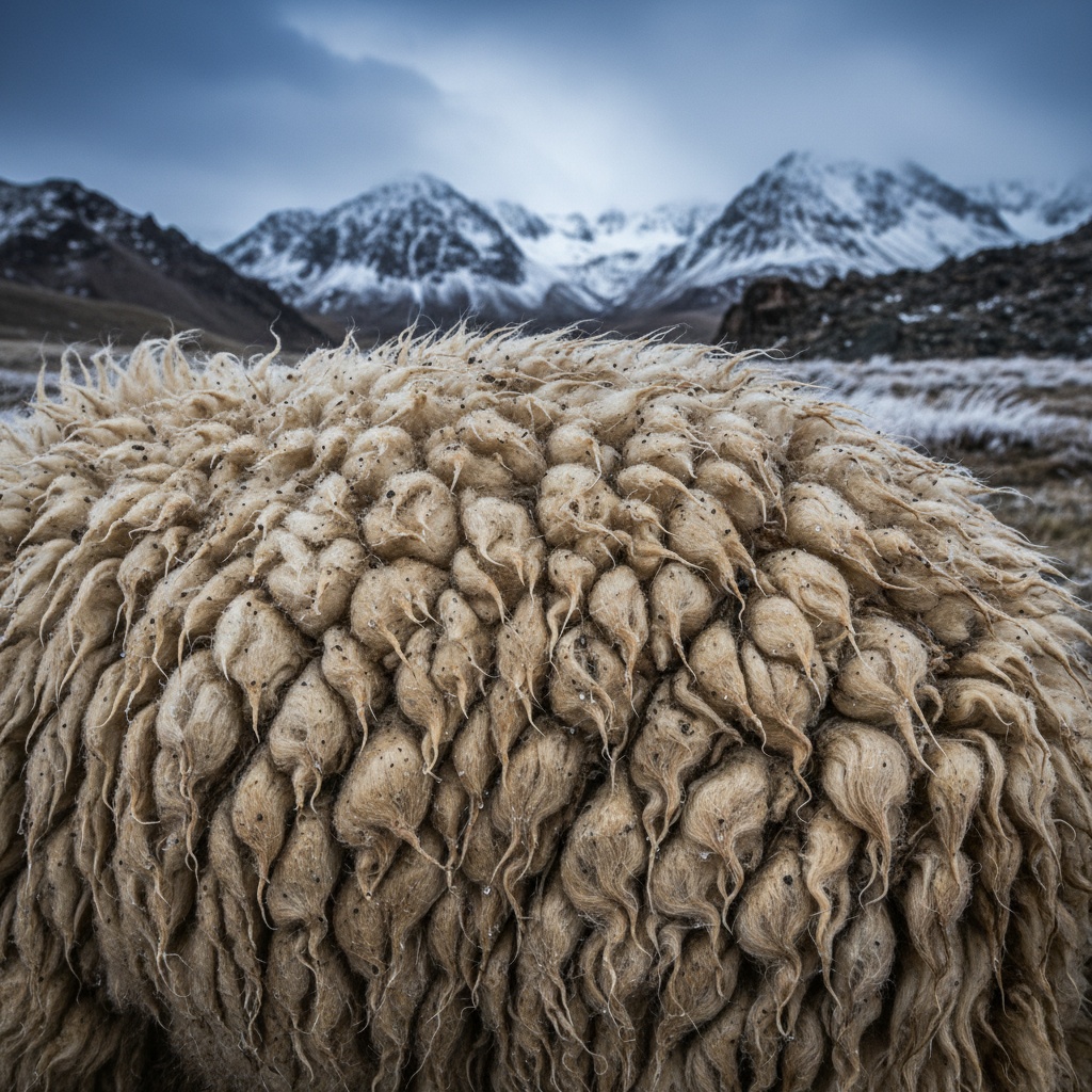 Close-up of thick, textured sheep wool fleece with snowy mountains and a dark sky in the background – by rugs on net