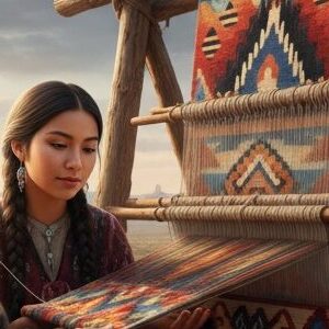 Two women examining a brightly colored woven textile on a large wooden upright loom outdoors – by rugs on net
