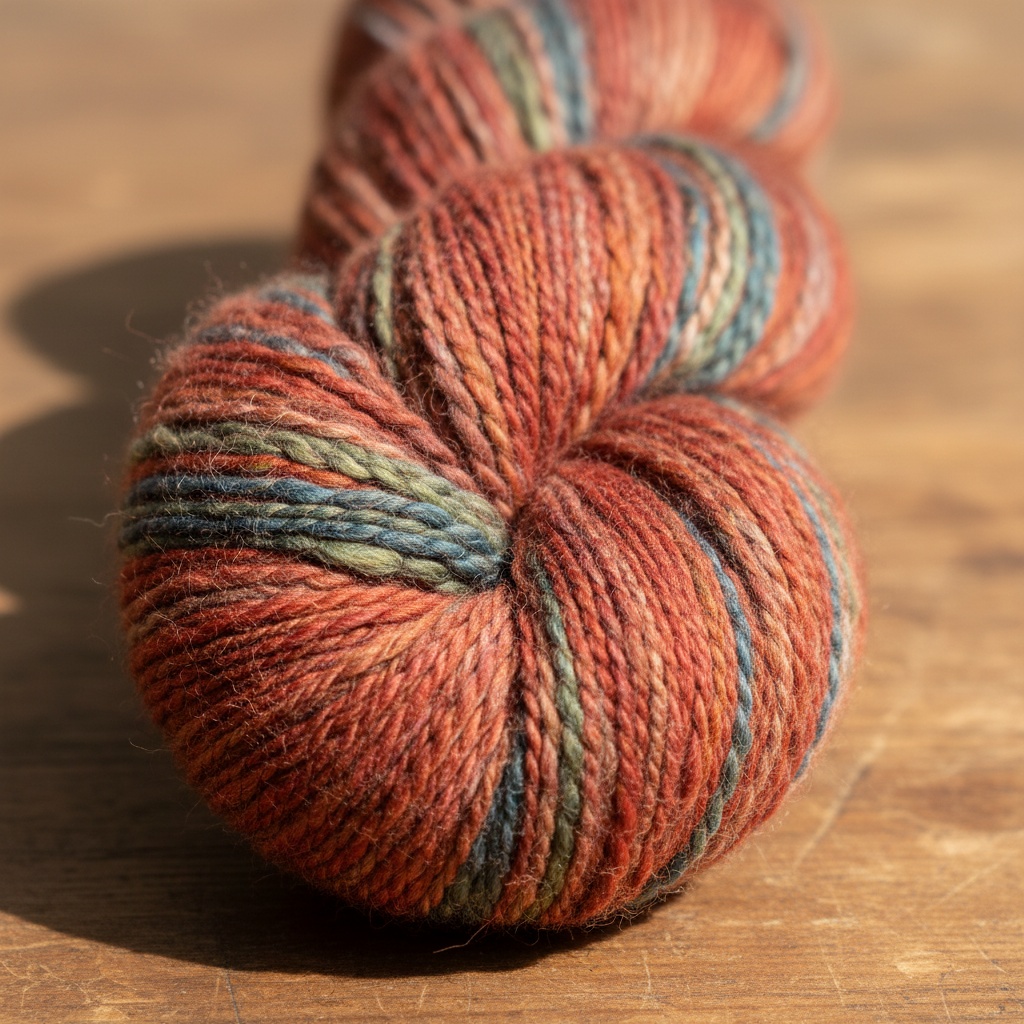 Close-up of a yarn skein showing mottled orange, rust, blue, and green colors, resting on a wooden surface – by rugs on net
