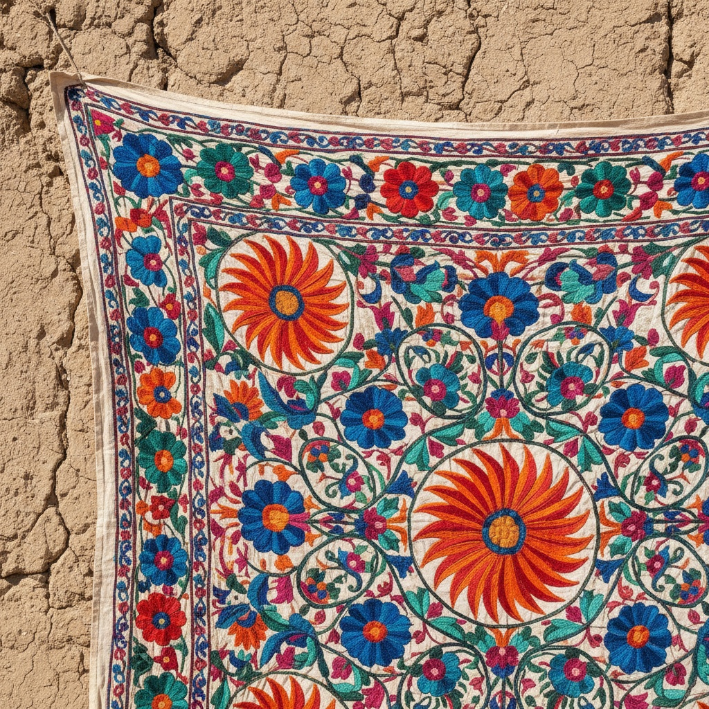 Close-up of a richly embroidered textile featuring large orange and blue floral motifs against a cream background, hanging against a cracked earth wall – rugs of central asia by rugs on net