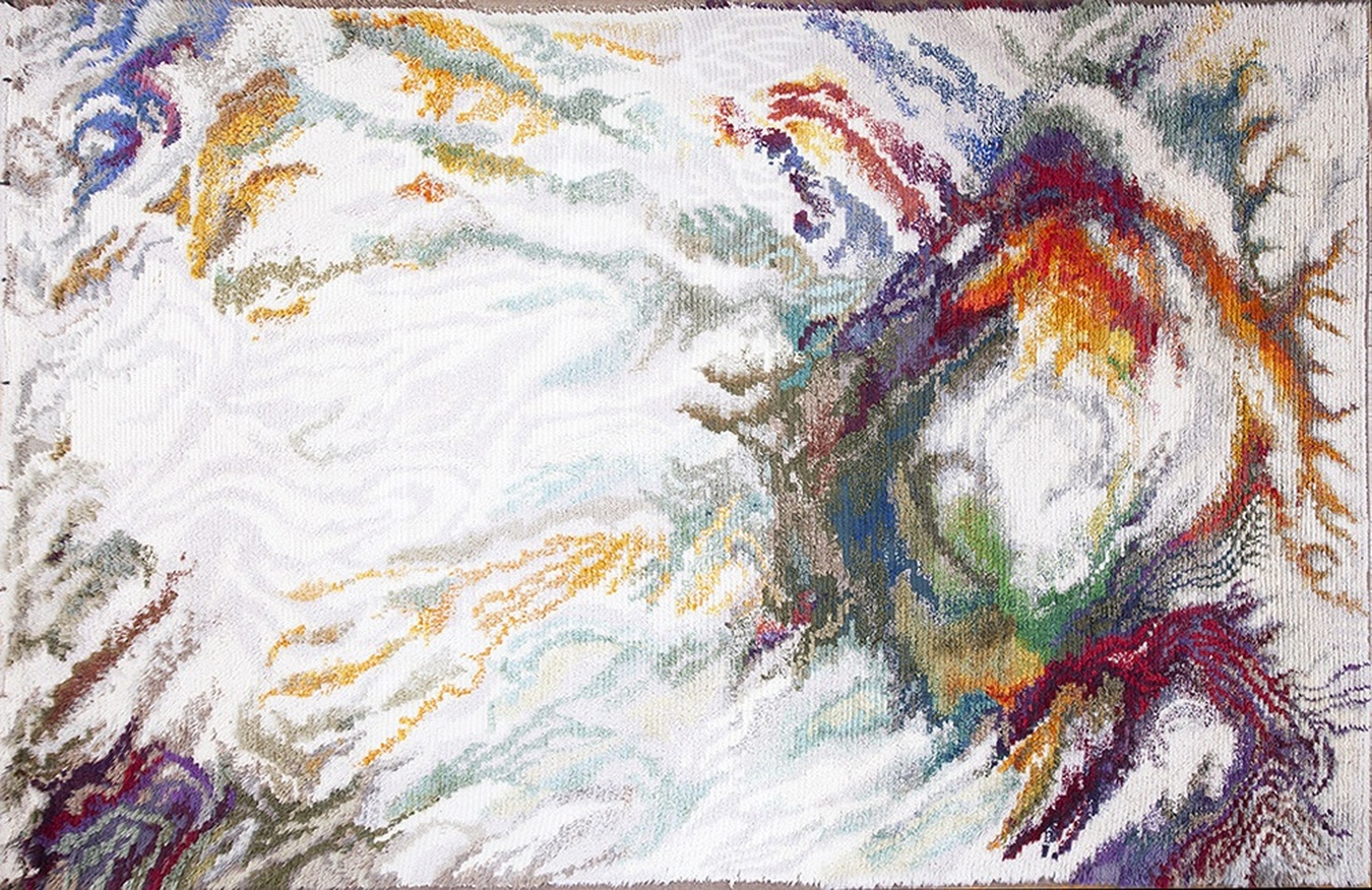 Large vintage rya knotted swedish rug featuring an abstract pattern and thick, shaggy wool pile - by rugs on net