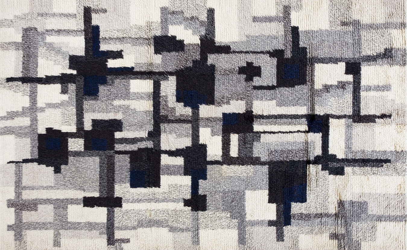Thick pile vintage rya scandinavian knotted wool rug with an abstract geometric pattern - by rugs on net