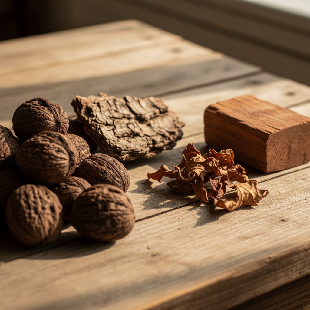 A pile of walnuts, bark, a block of wood, and dried leaves on a wooden surface – by rugs on net