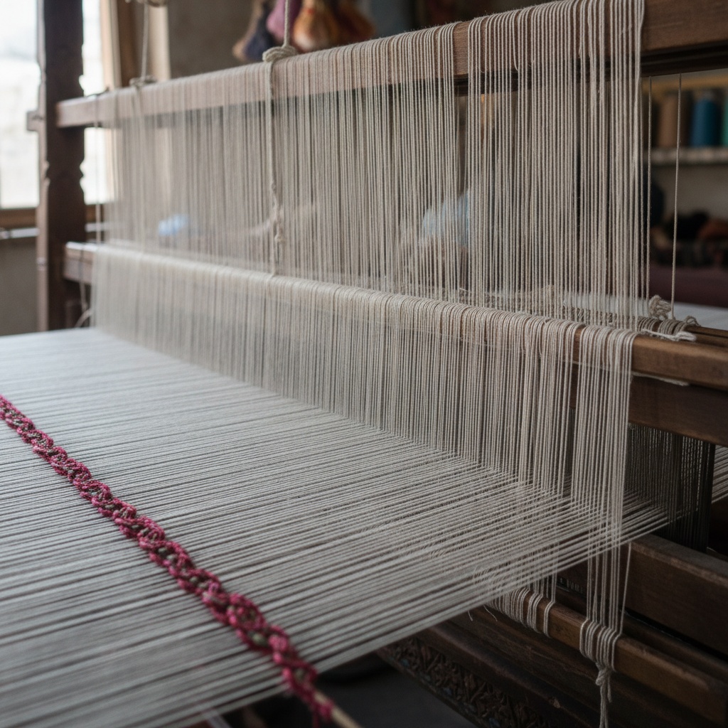 Close-up of numerous light-colored warp threads stretched taut on a wooden weaving loom, showing a pink accent row – by rugs on net