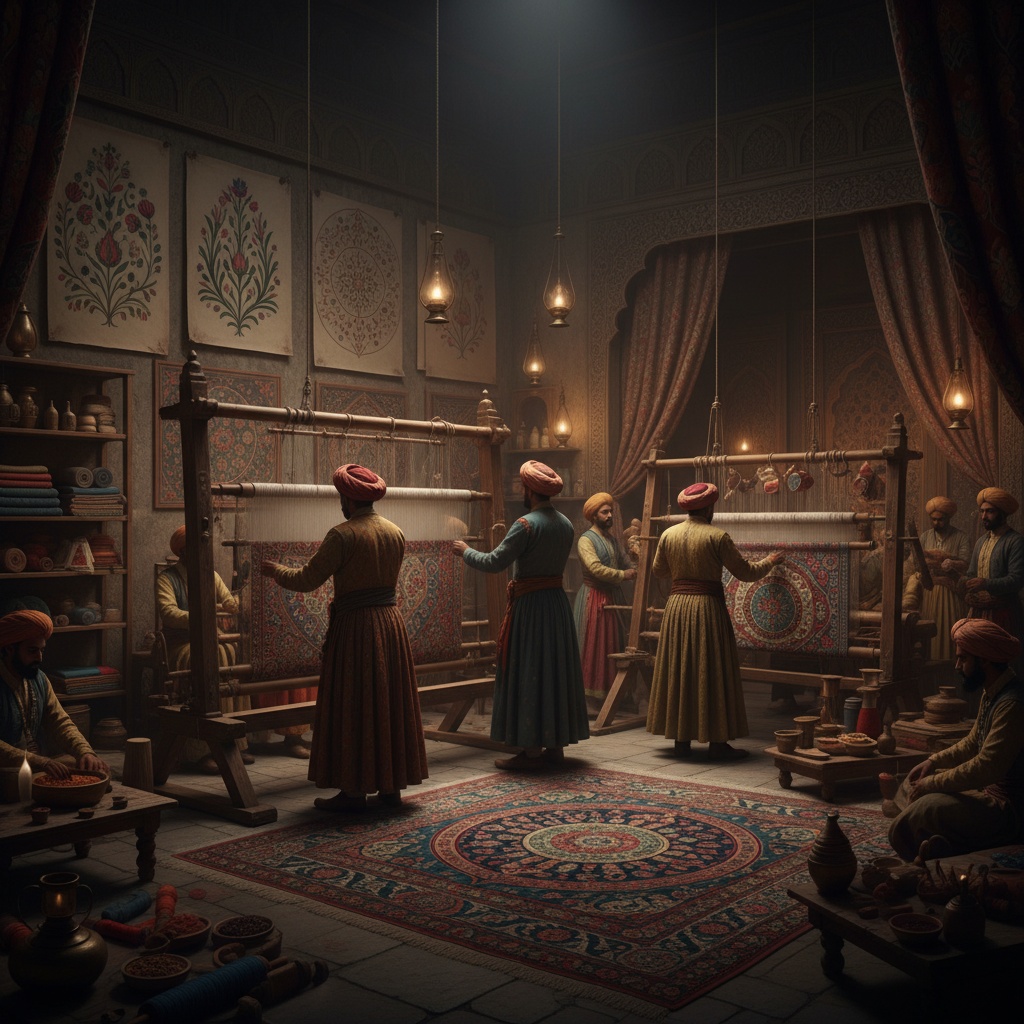 Men in turbans working at large wooden vertical looms weaving patterned carpets in a dimly lit room – rugs of india by rugs on net