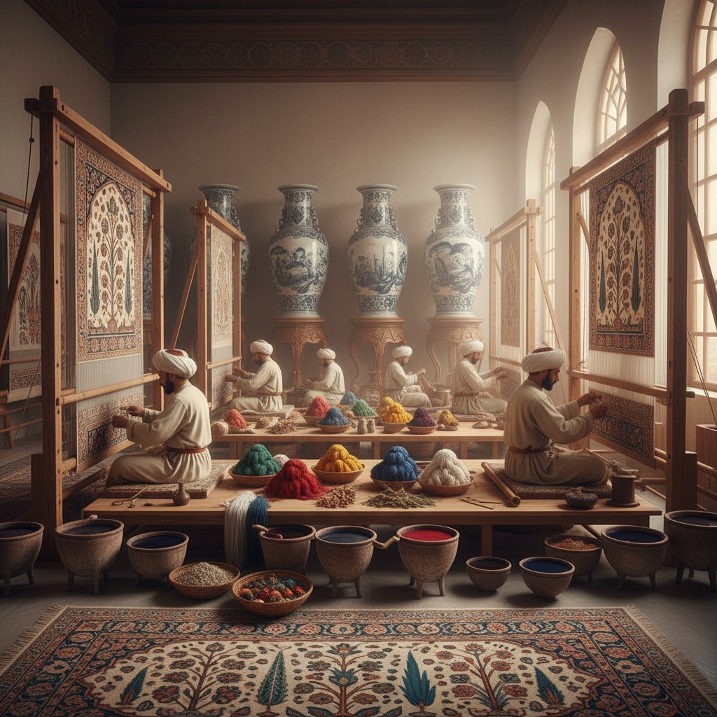 Men weaving intricate patterns on vertical looms surrounded by colorful dye materials and large blue and white vases – by rugs on net