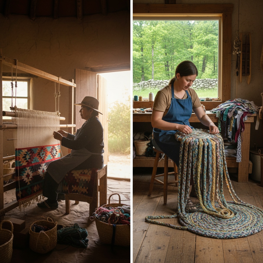 Two textile makers working indoors: one at a vertical loom, another coiling a thick braided rug – by rugs on net