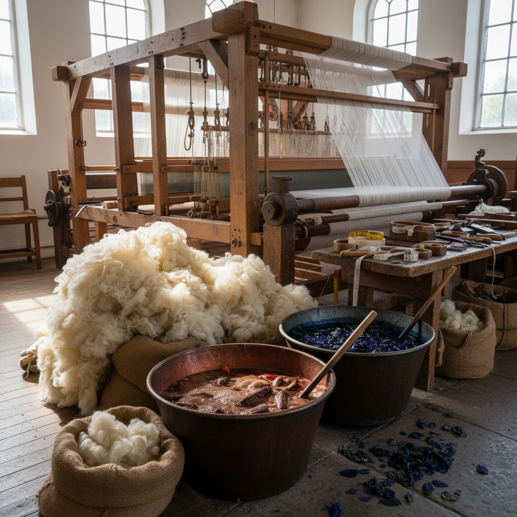 A large wooden loom, raw wool, and copper pots with brown and blue dye liquids – by rugs on net