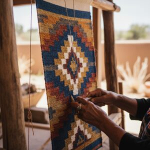 Close-up of hands working on a colorful geometric pattern being woven on a vertical loom – by rugs on net