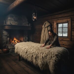 Woman touches a thick, shaggy, light-colored sheepskin or fur covering a wooden surface indoors, near a fireplace – by rugs on net