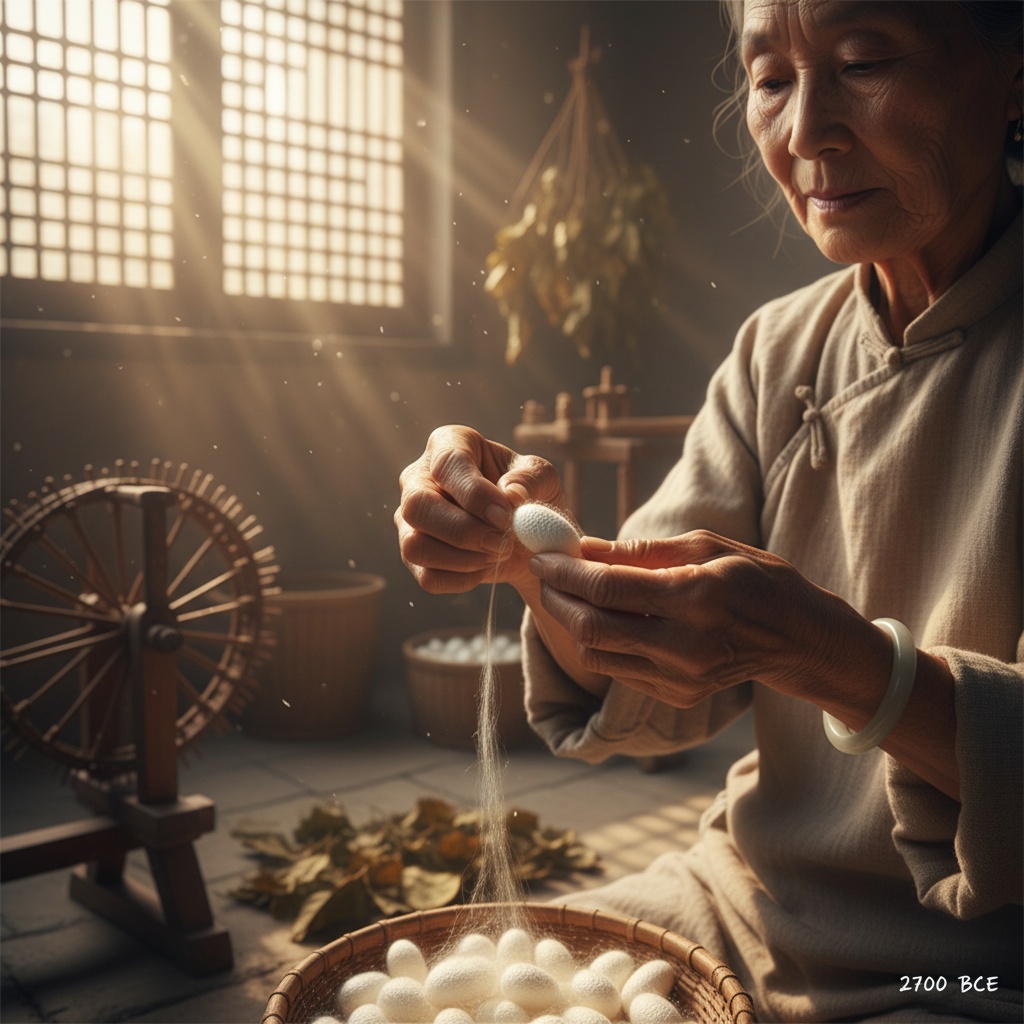 Elderly hands carefully separating a fine thread from a white silk cocoon over a basket of cocoons – by rugs on net
