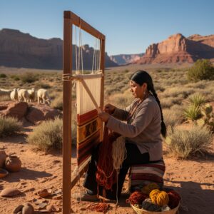 Woman weaving a colorful textile on a vertical wooden loom in a sunny desert landscape – by rugs on net