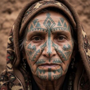 Close-up of an older woman's face featuring intricate, geometric teal-colored facial tattoos under a patterned hood – by rugs on net