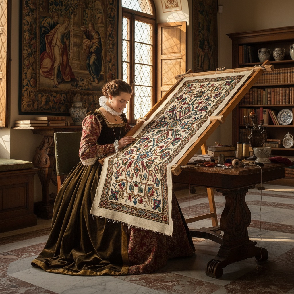 Woman in historical dress working on a large, colorful, patterned textile stretched on a wooden frame – by rugs on net