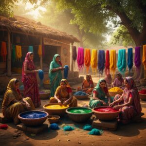 Women in colorful saris working with large bowls of vibrant colored dyes and skeins of yarn – by rugs on net