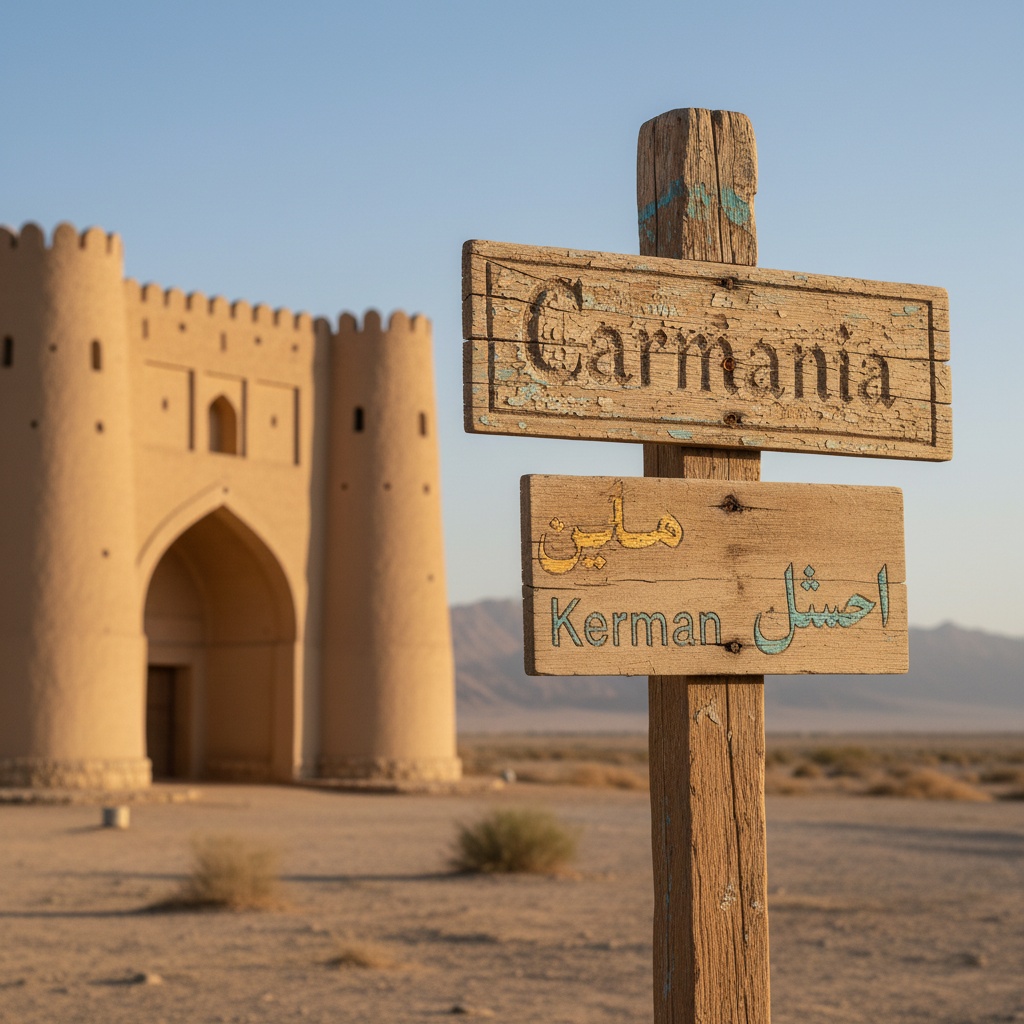 Wooden signpost with carved text in front of a desert landscape and large adobe structure – by rugs on net