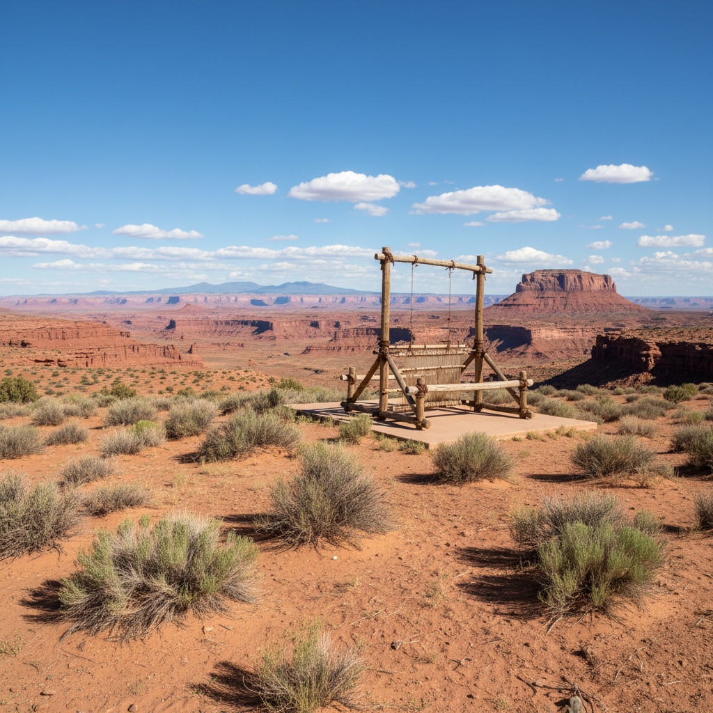 A large wooden swing structure sits on a concrete pad overlooking a vast, arid canyon landscape under a blue sky – by rugs on net