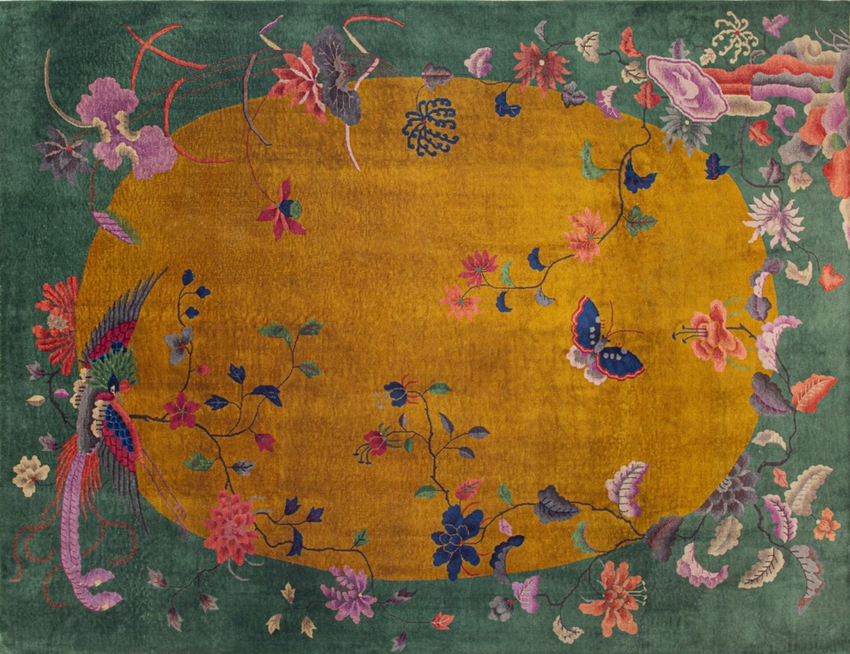 Antique 1920s chinese art deco wool rug, yellow field with contrasting blue border details - by rugs on net