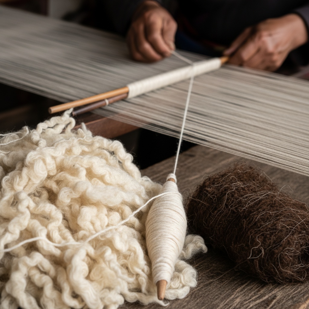 Close up of raw wool, a spinning spindle, and warp threads on a loom being worked by hands – by rugs on net
