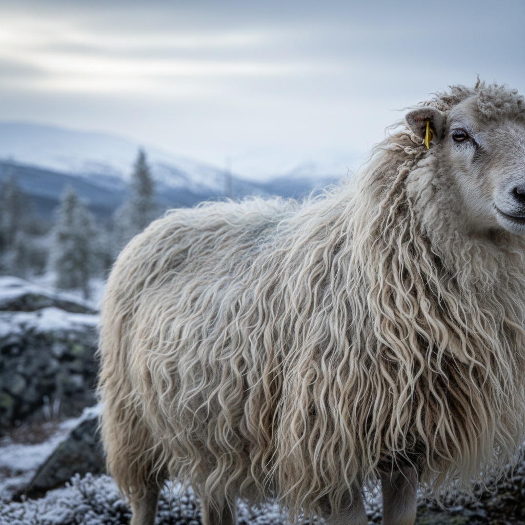 Close-up of a thick-fleeced white sheep with a yellow ear tag standing in a snowy environment – by rugs on net