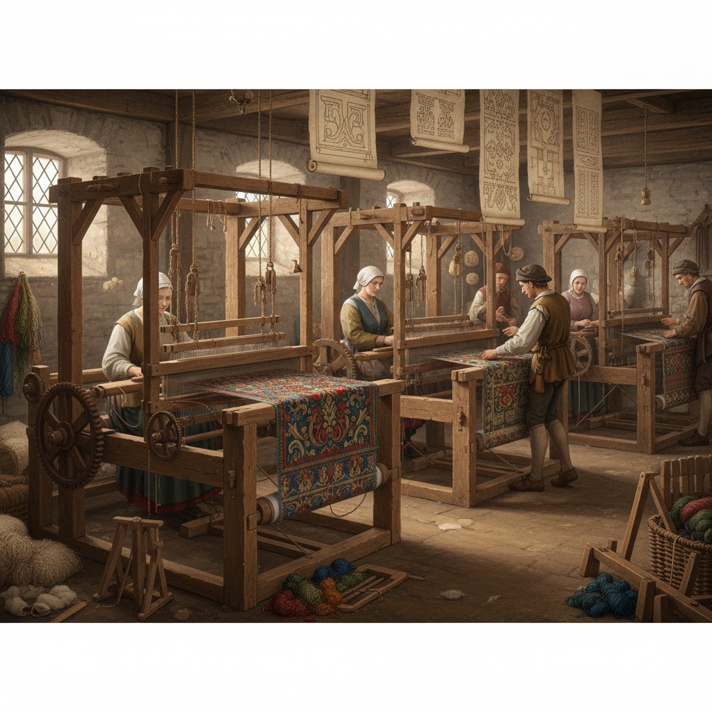 Artisans working at large wooden looms producing richly patterned, colorful woven textiles – by rugs on net