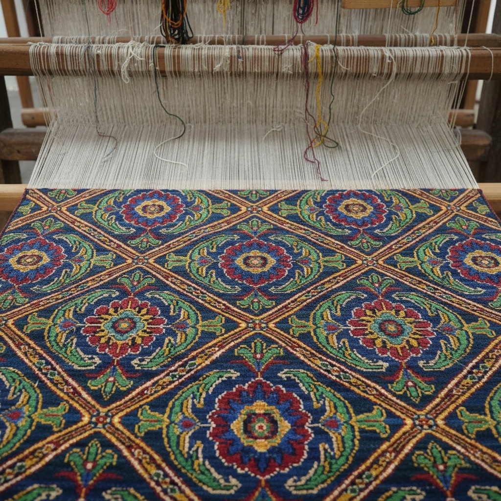Richly colored, diamond-patterned woven rug emerging from a vertical loom – allover designs by rugs on net