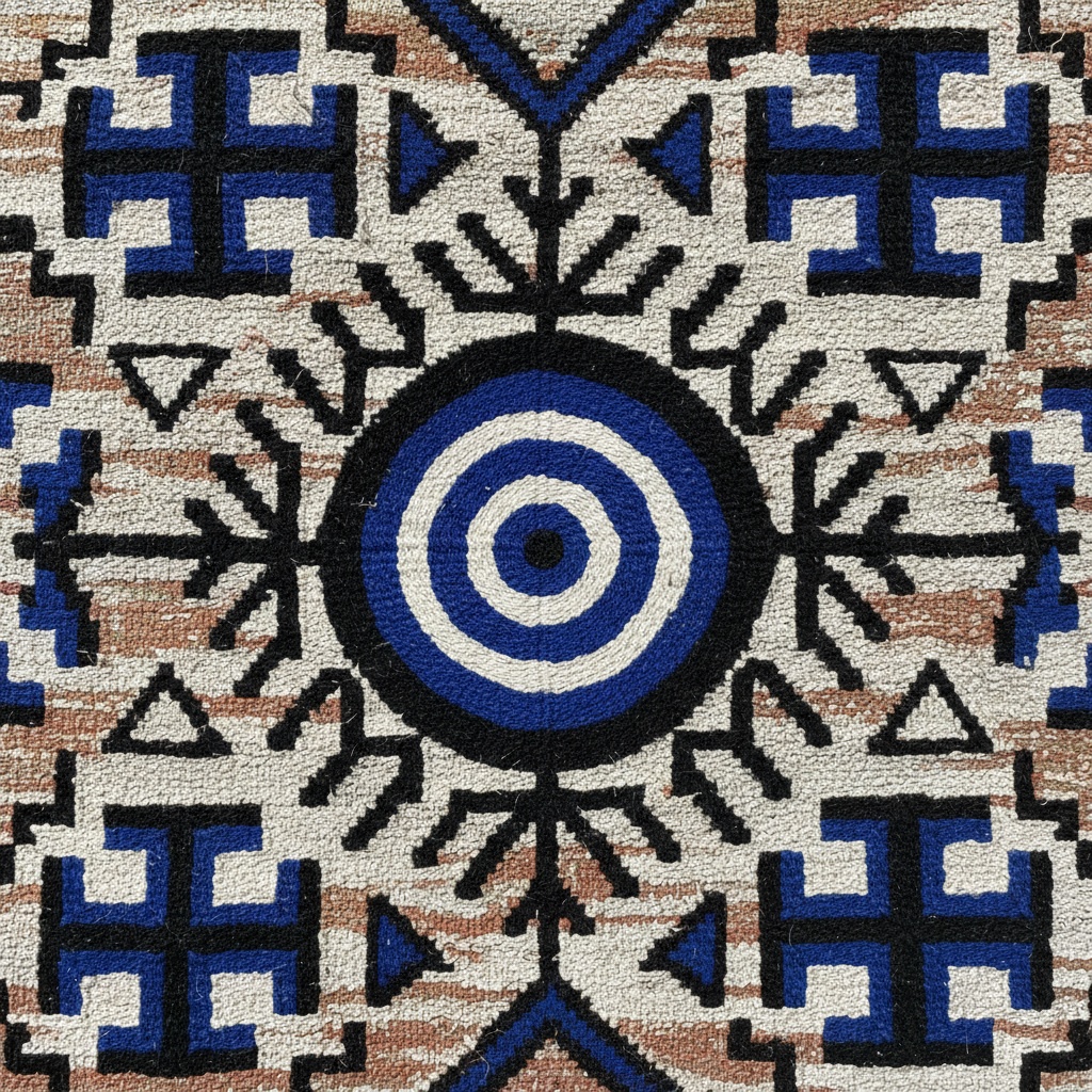 Close-up of a woven textile featuring a central blue and white concentric circle motif surrounded by geometric shapes – by rugs on net