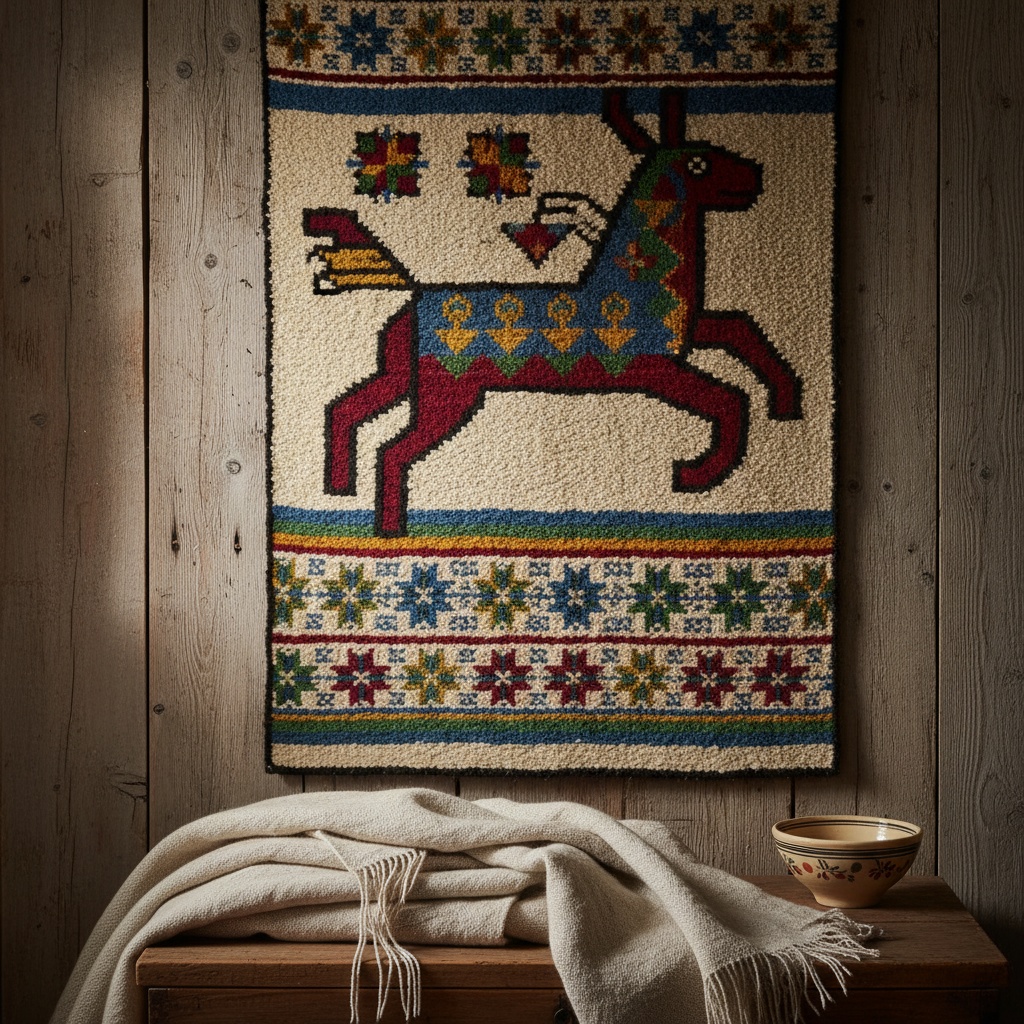 Textured woven wall hanging featuring a colorful stylized horse figure on a light background – rugs of sweden by rugs on net