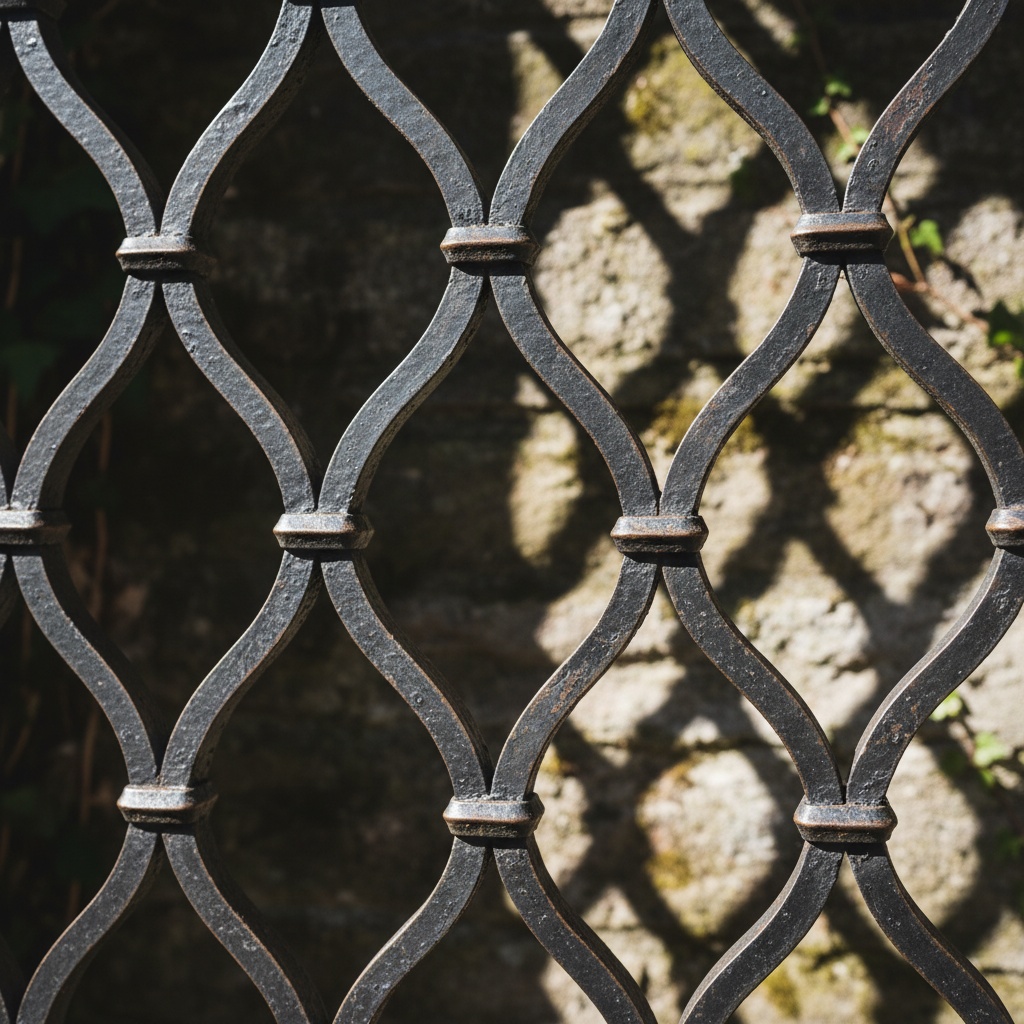 Close-up of curved wrought iron bars forming an interlocking, repeating ogee lattice pattern against a stone wall – by rugs on net