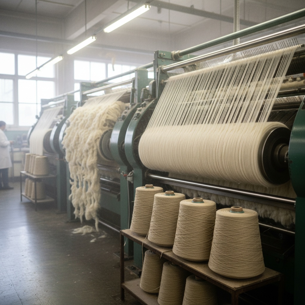 Industrial machinery processing thick strands of light-colored fiber into large rolls and cones of yarn – by rugs on net