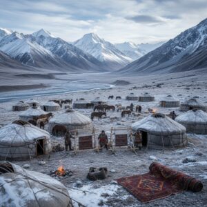 Nomadic camp with yurts, horses, sheep, and woven textiles in a valley with snow-capped mountains – by rugs on net